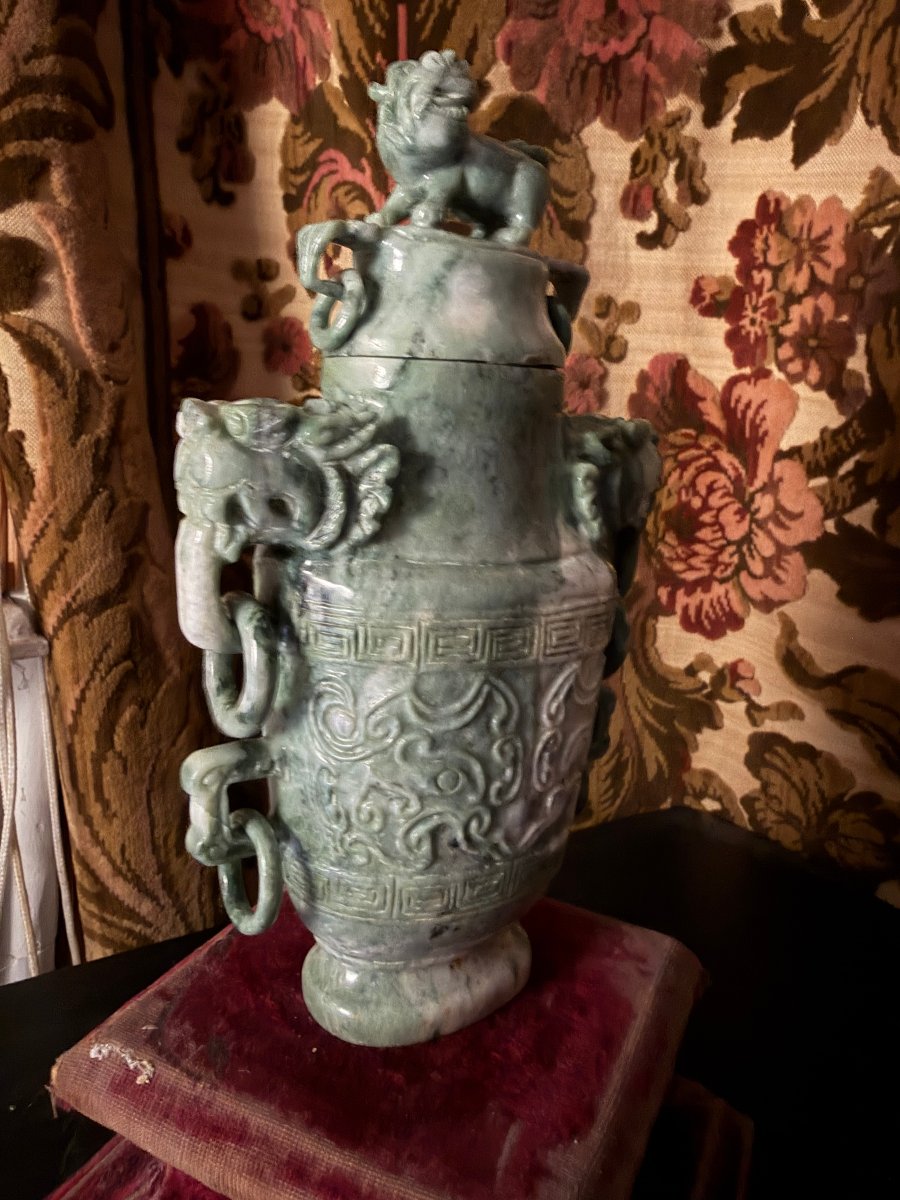 Vase Couvert , jade vert Chinois sculpté d'anneau & chien de fau , anse tête de dragons ,XIXème-photo-3