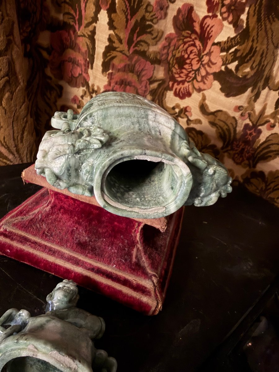 Vase Couvert , jade vert Chinois sculpté d'anneau & chien de fau , anse tête de dragons ,XIXème-photo-3