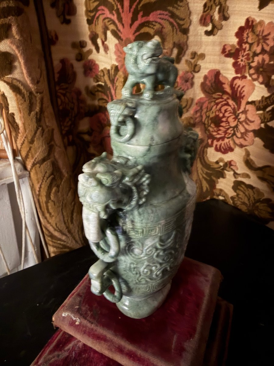 Vase Couvert , jade vert Chinois sculpté d'anneau & chien de fau , anse tête de dragons ,XIXème-photo-5