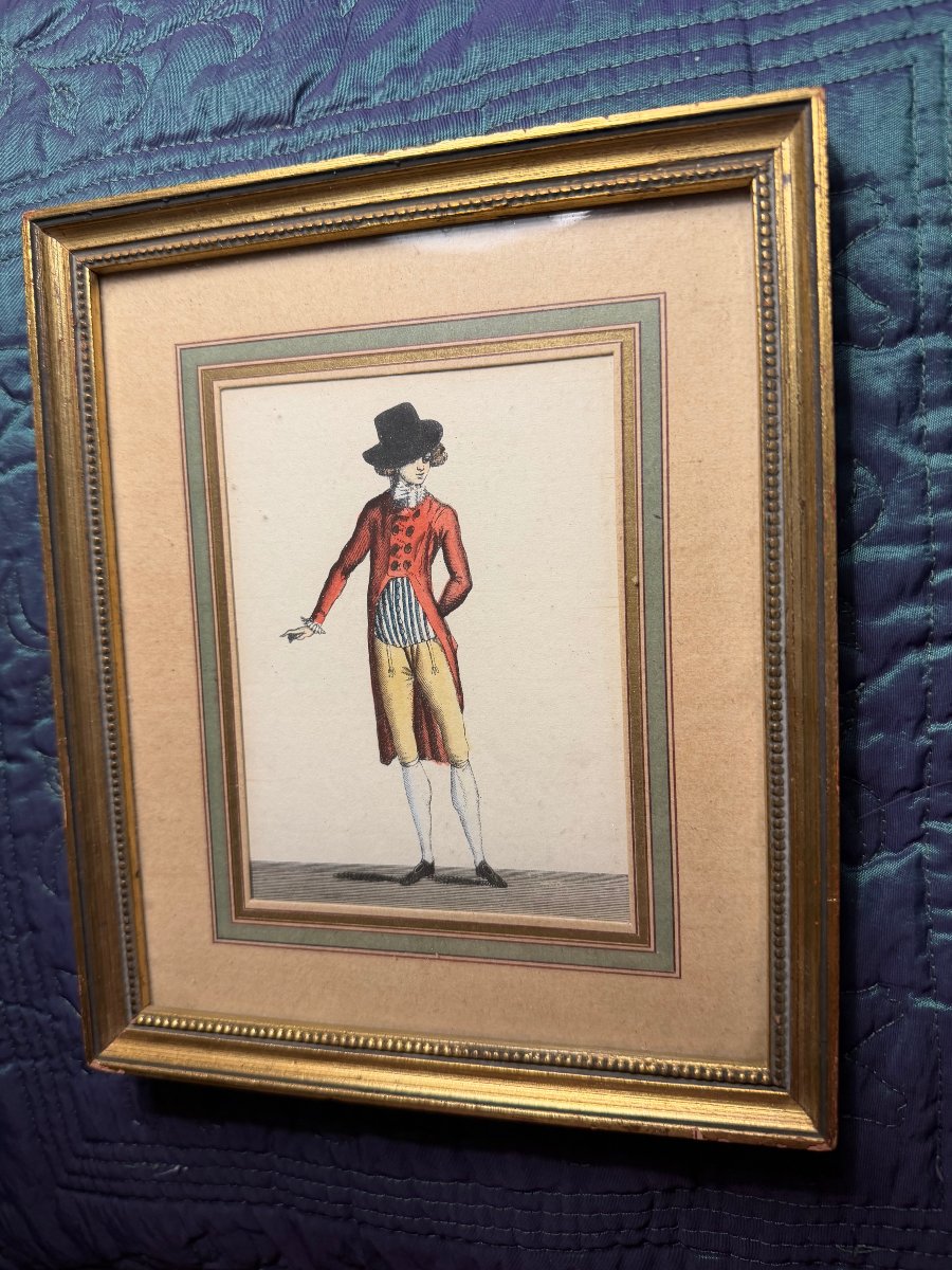 Elegant Young Man From The Late 18th Century, After The Revolution; Framed, Hand-colored 19th-century Engraving-photo-3