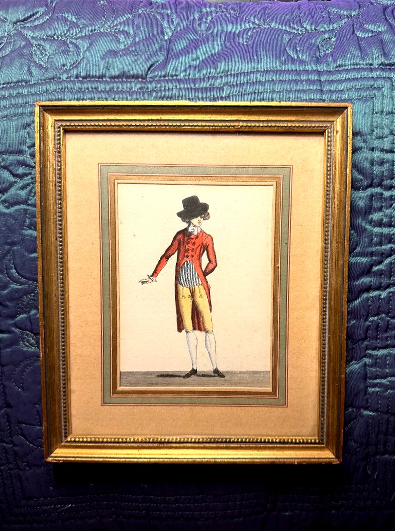 Elegant Young Man From The Late 18th Century, After The Revolution; Framed, Hand-colored 19th-century Engraving