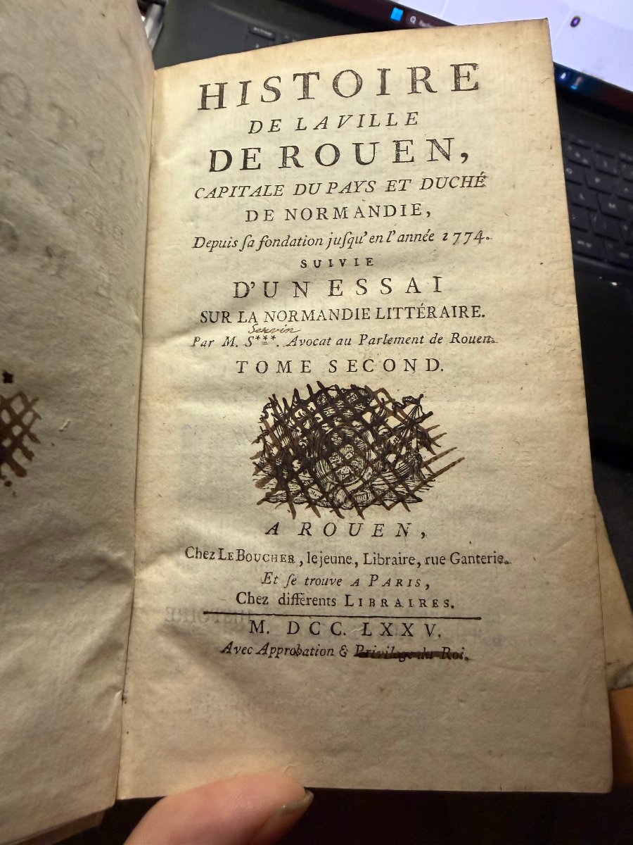 Histoire de la Ville de Rouen ; 2 Vol In 12 Vélin de 1775 , Bibloithèque du Marquis de Bailleul-photo-4