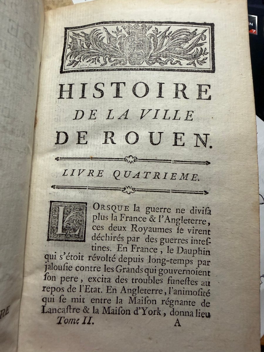 Histoire de la Ville de Rouen ; 2 Vol In 12 Vélin de 1775 , Bibloithèque du Marquis de Bailleul-photo-6