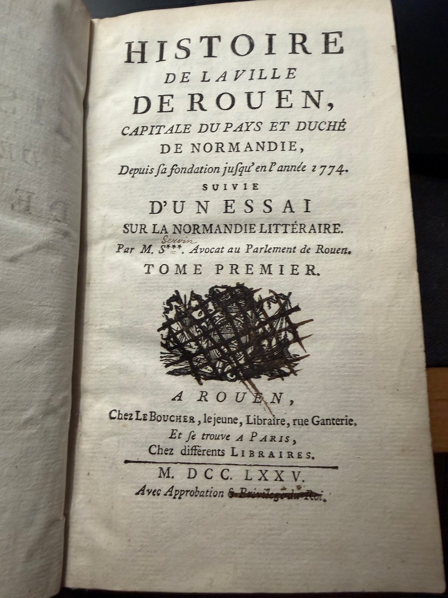 Histoire de la Ville de Rouen ; 2 Vol In 12 Vélin de 1775 , Bibloithèque du Marquis de Bailleul