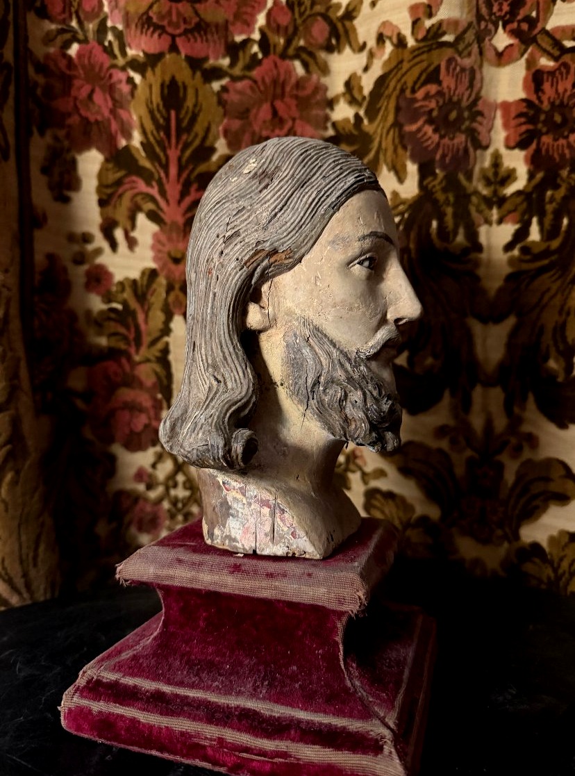 Généreuse belle tête de Christ en bois sculpté polychromé yeux de sulfure du XVIIIème Française-photo-2