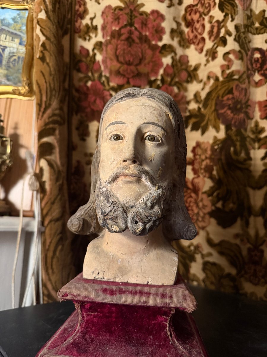 Généreuse belle tête de Christ en bois sculpté polychromé yeux de sulfure du XVIIIème Française-photo-4