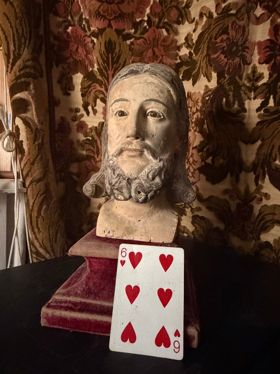 Généreuse belle tête de Christ en bois sculpté polychromé yeux de sulfure du XVIIIème Française-photo-3
