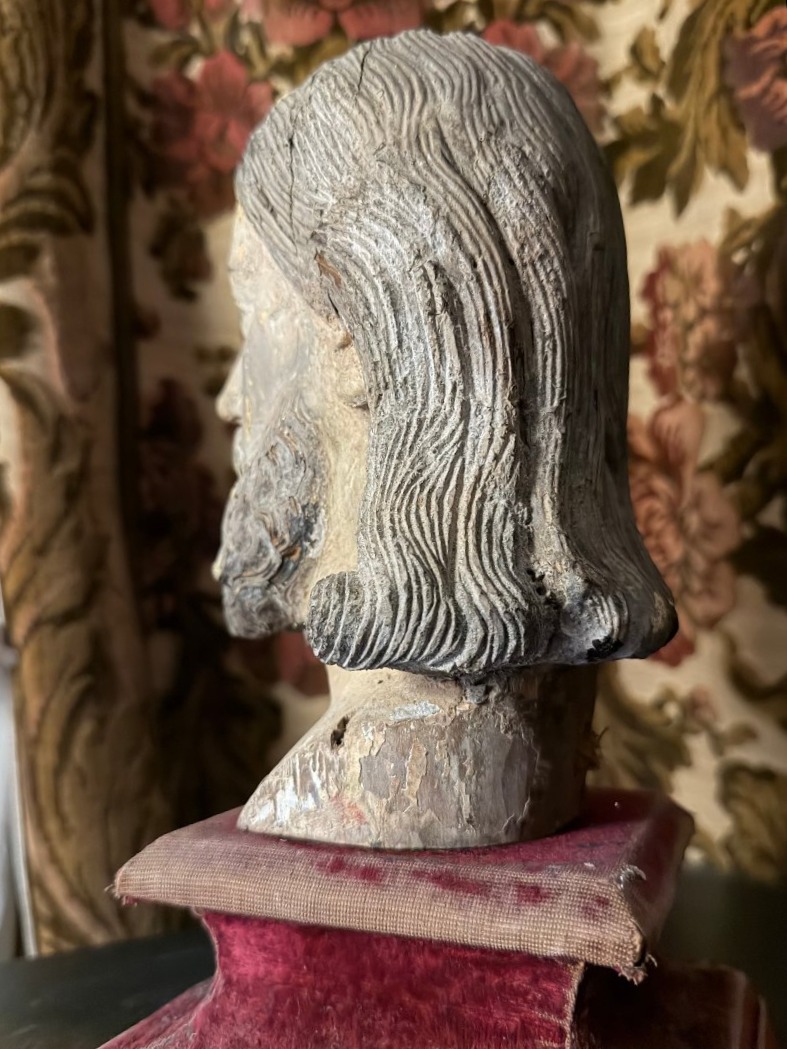 Généreuse belle tête de Christ en bois sculpté polychromé yeux de sulfure du XVIIIème Française-photo-8