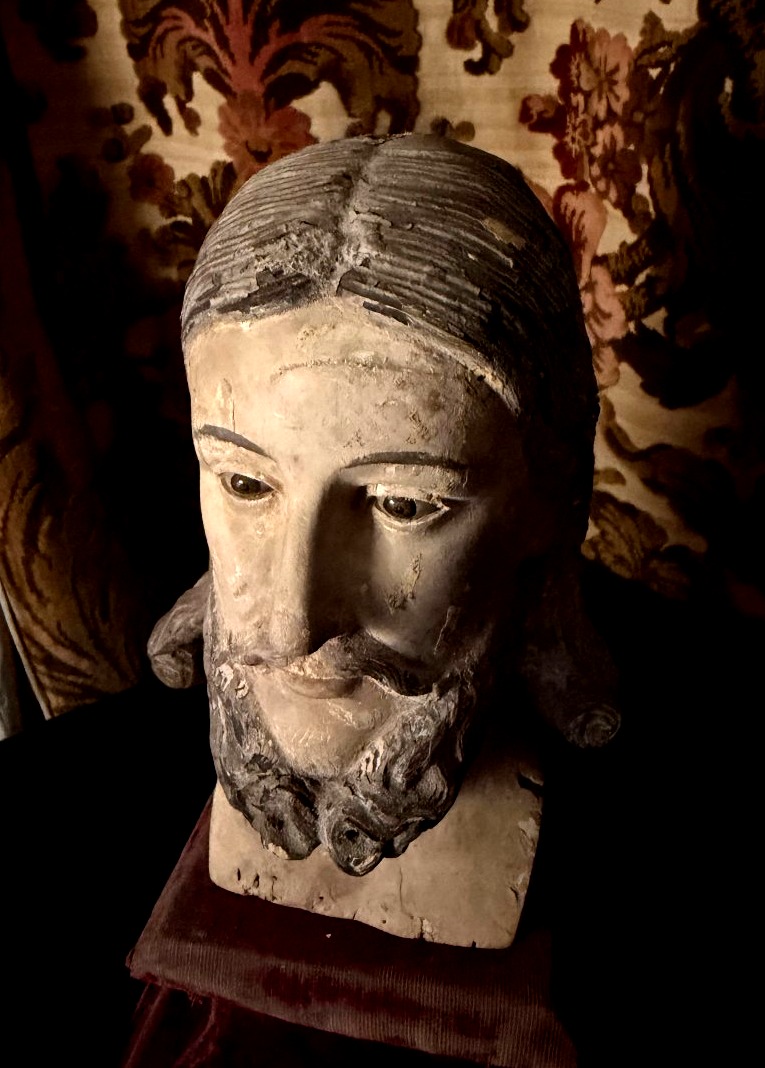 Généreuse belle tête de Christ en bois sculpté polychromé yeux de sulfure du XVIIIème Française-photo-4