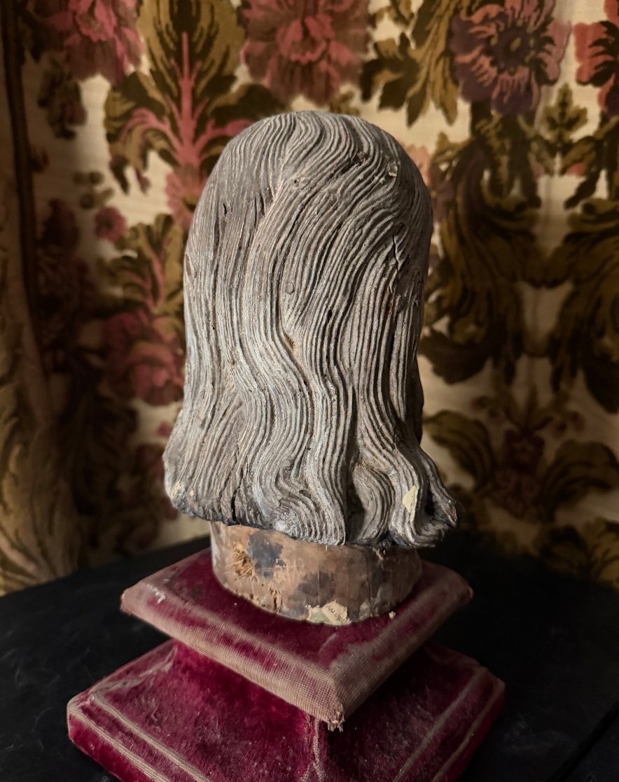 Généreuse belle tête de Christ en bois sculpté polychromé yeux de sulfure du XVIIIème Française-photo-5