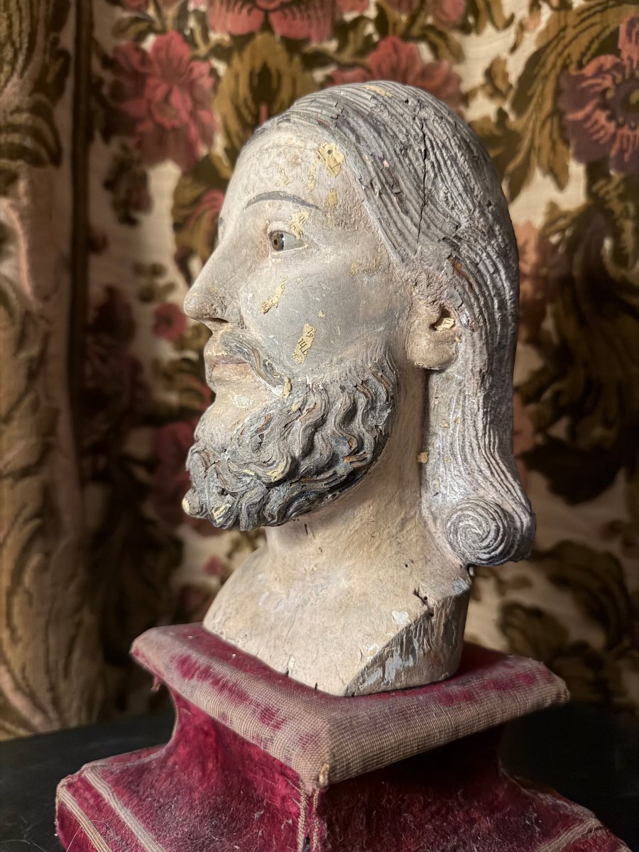 Généreuse belle tête de Christ en bois sculpté polychromé yeux de sulfure du XVIIIème Française-photo-6