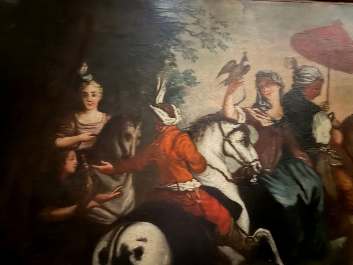 Noble Hunting Scene From The Early 18th Century Featuring A Goshawk; Oil On Canvas, Mounted On A Stretcher And Framed In A Gilded Bérain Frame-photo-4