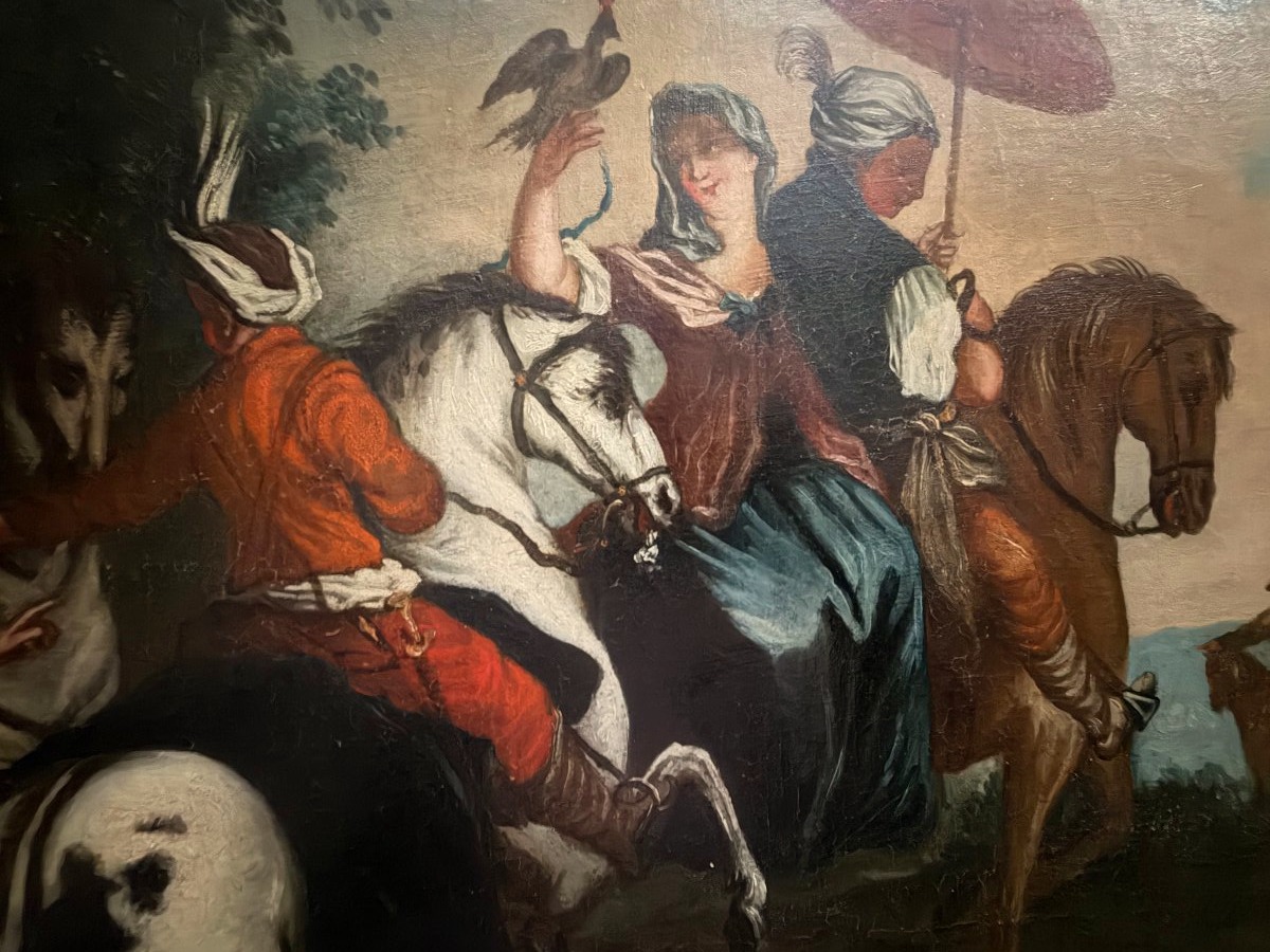 Noble Hunting Scene From The Early 18th Century Featuring A Goshawk; Oil On Canvas, Mounted On A Stretcher And Framed In A Gilded Bérain Frame-photo-4