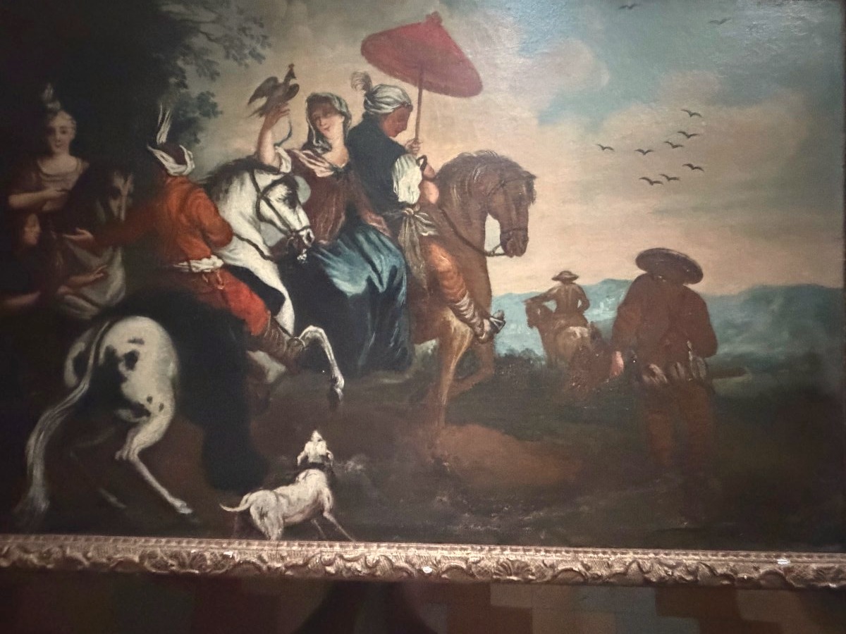 Noble Hunting Scene From The Early 18th Century Featuring A Goshawk; Oil On Canvas, Mounted On A Stretcher And Framed In A Gilded Bérain Frame-photo-5