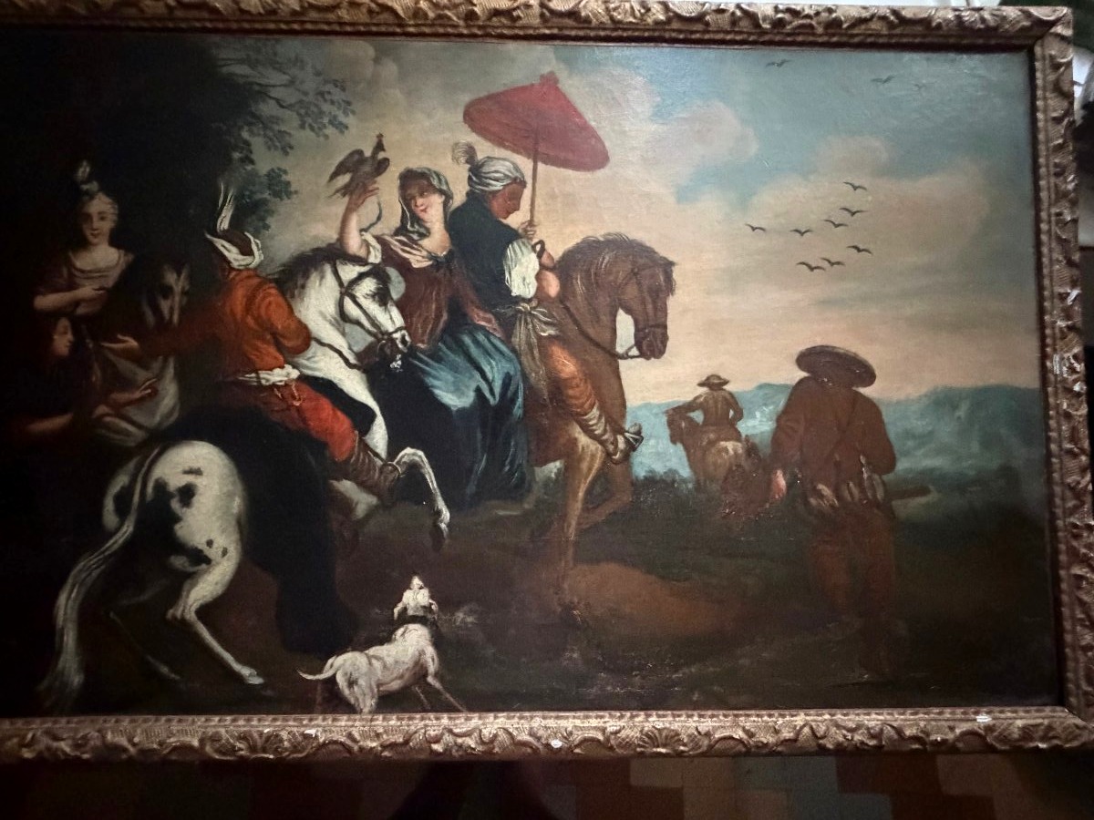 Noble Hunting Scene From The Early 18th Century Featuring A Goshawk; Oil On Canvas, Mounted On A Stretcher And Framed In A Gilded Bérain Frame-photo-6