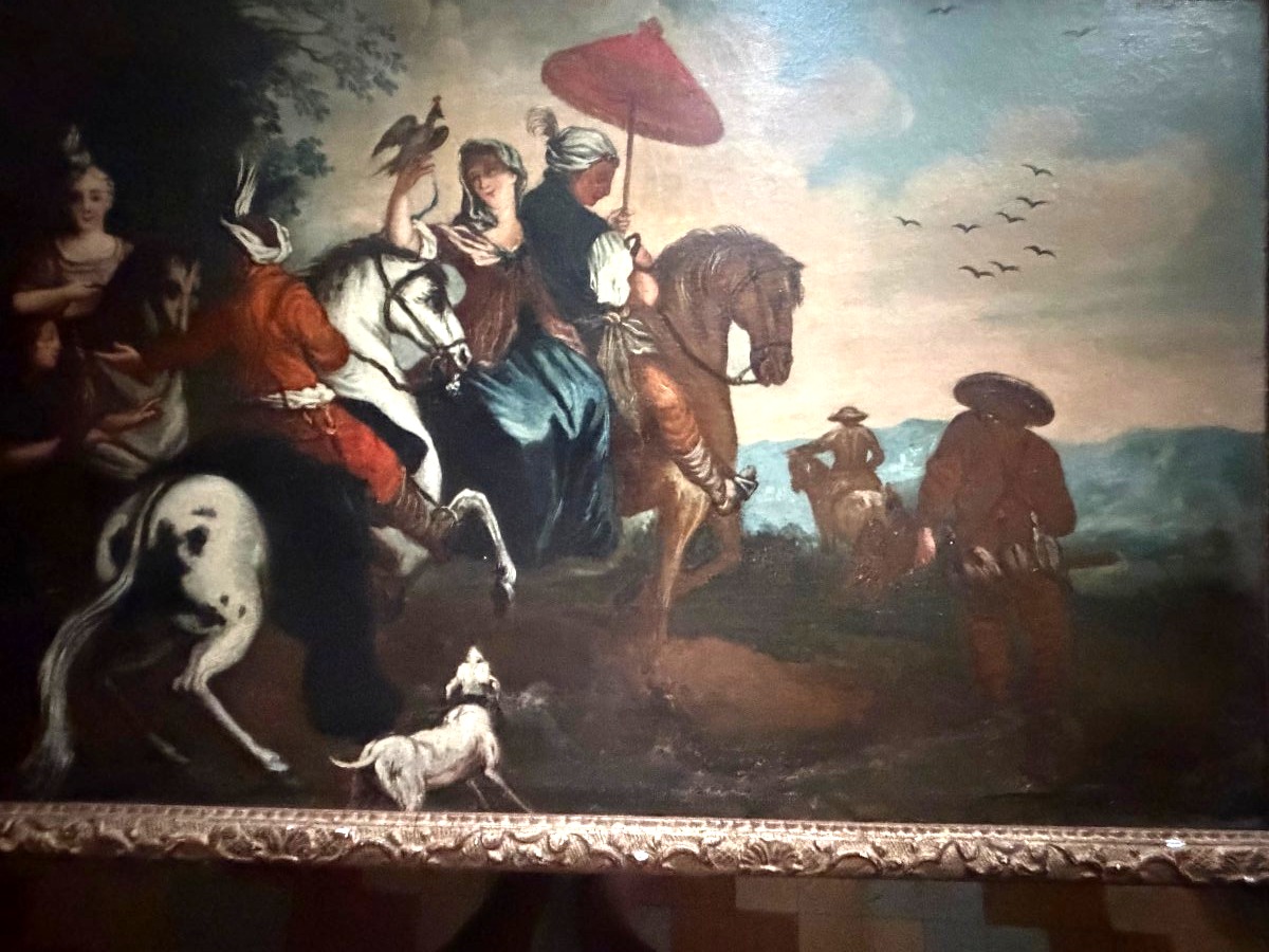 Noble Hunting Scene From The Early 18th Century Featuring A Goshawk; Oil On Canvas, Mounted On A Stretcher And Framed In A Gilded Bérain Frame-photo-8
