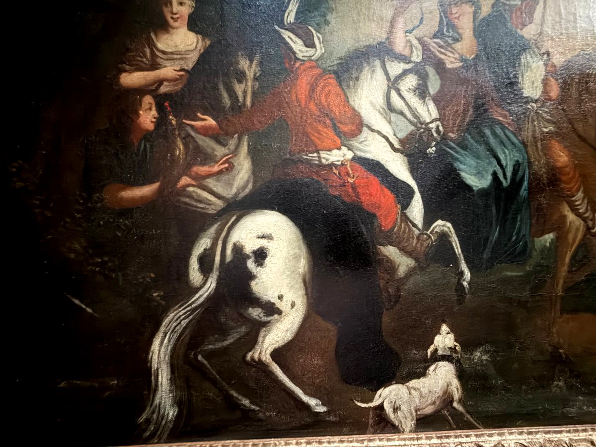Noble Hunting Scene From The Early 18th Century Featuring A Goshawk; Oil On Canvas, Mounted On A Stretcher And Framed In A Gilded Bérain Frame-photo-1