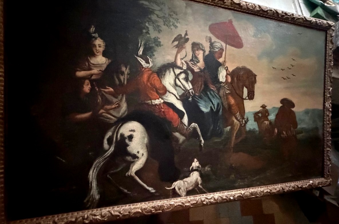 Noble Hunting Scene From The Early 18th Century Featuring A Goshawk; Oil On Canvas, Mounted On A Stretcher And Framed In A Gilded Bérain Frame-photo-2