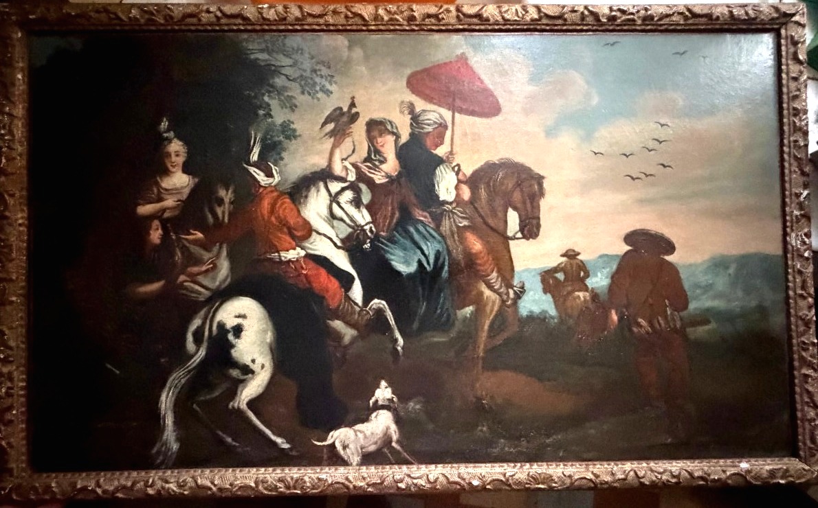 Noble Hunting Scene From The Early 18th Century Featuring A Goshawk; Oil On Canvas, Mounted On A Stretcher And Framed In A Gilded Bérain Frame