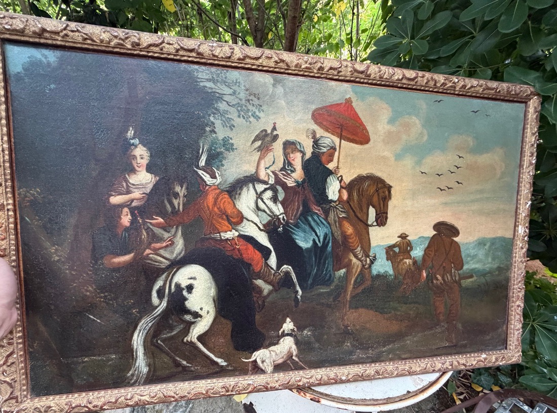 Noble Scène de chasse début XVIIIème a l'épervier ,H/toile châssis encadrement bois doré Bérain