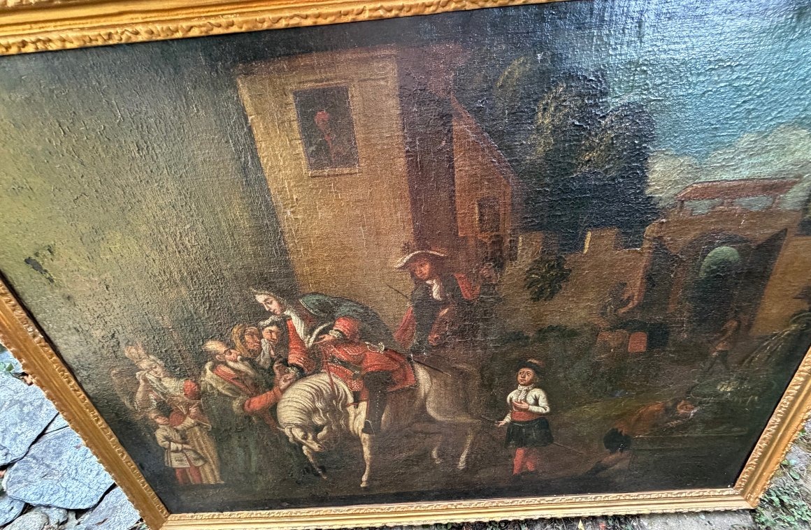 Large 17th-century Painting, "the Young King Welcomed By The Village Elder Before The People"-photo-2
