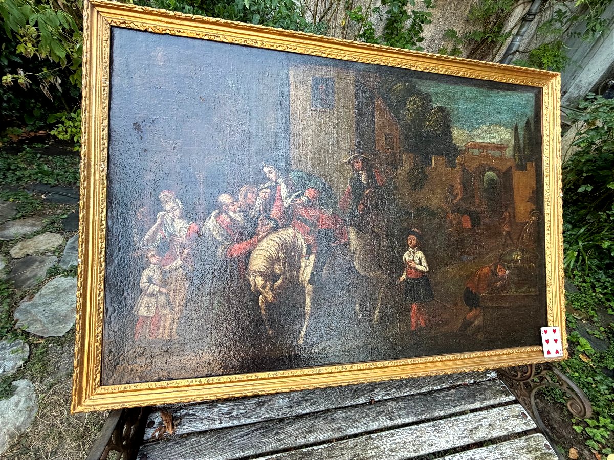 Large 17th-century Painting, "the Young King Welcomed By The Village Elder Before The People"-photo-4