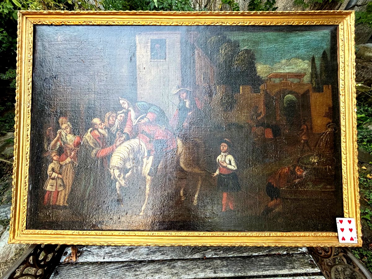 Large 17th-century Painting, "the Young King Welcomed By The Village Elder Before The People"-photo-6