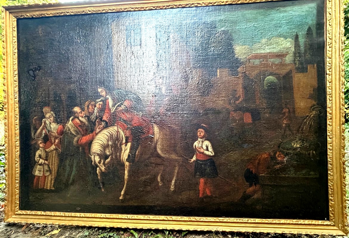 Large 17th-century Painting, "the Young King Welcomed By The Village Elder Before The People"-photo-1