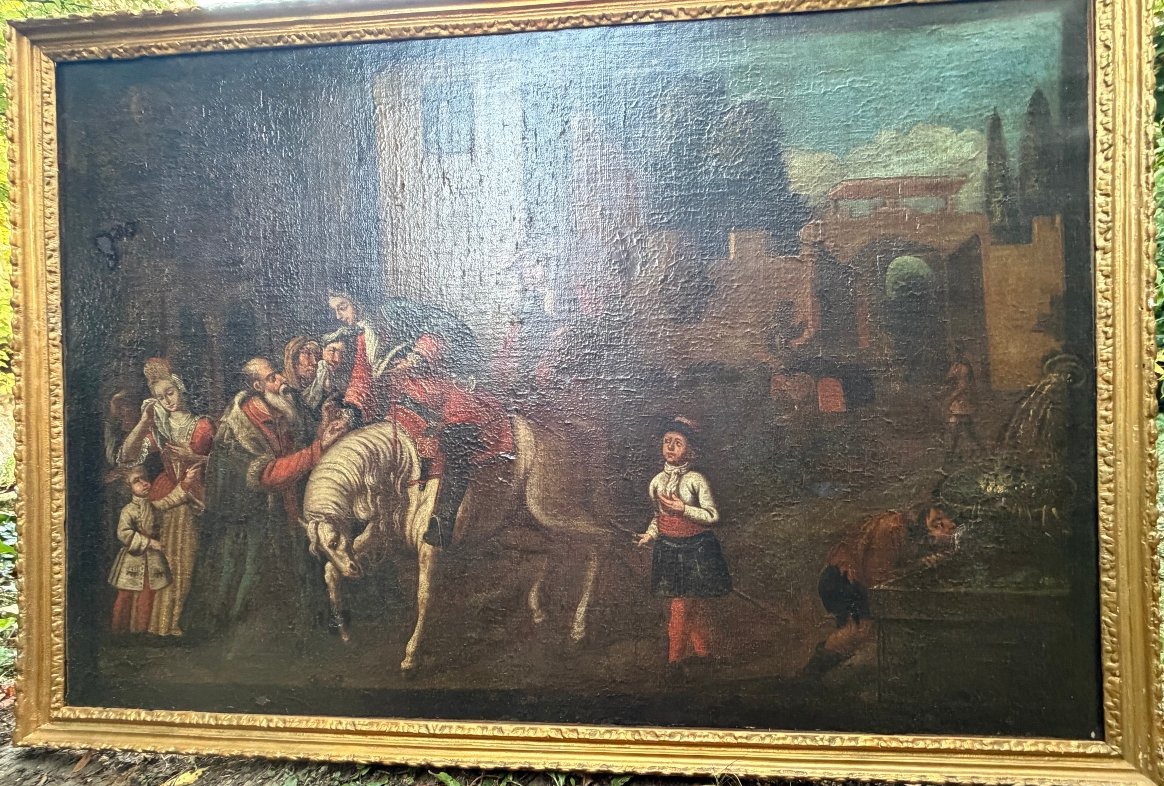 Large 17th-century Painting, "the Young King Welcomed By The Village Elder Before The People"