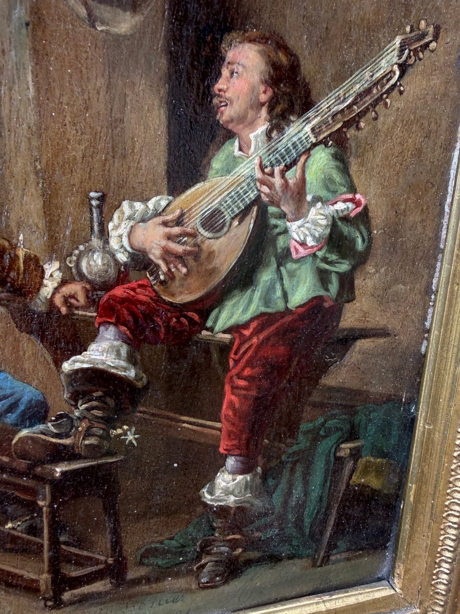  Huile/bois enc;Tableau Historique "Une Chanson" de Meissonier de A Rueff 2ème partie du XIXème-photo-2