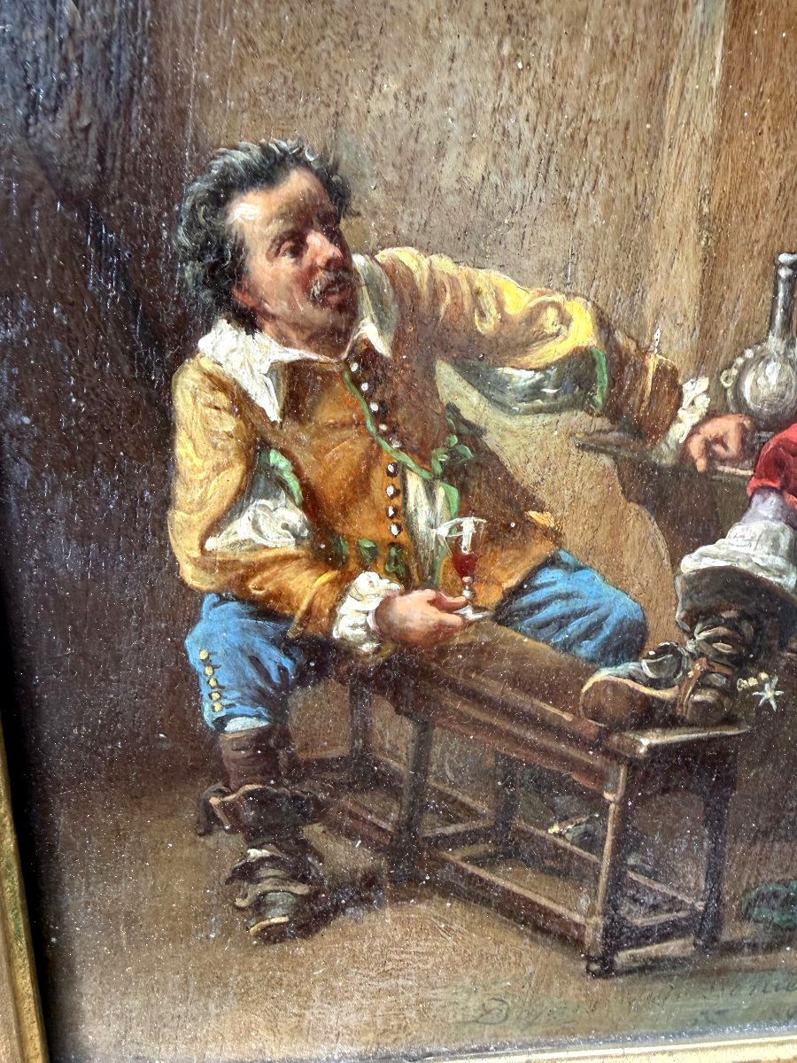  Huile/bois enc;Tableau Historique "Une Chanson" de Meissonier de A Rueff 2ème partie du XIXème-photo-3