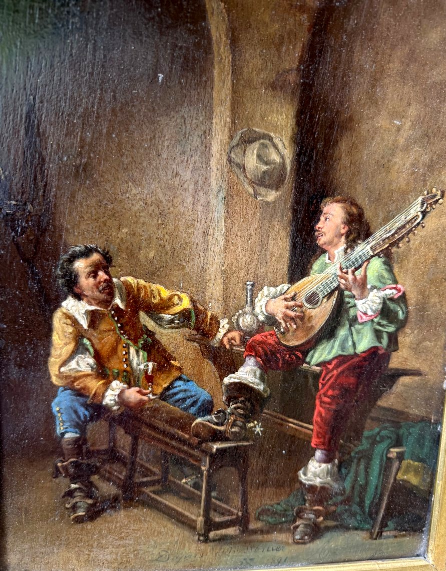  Huile/bois enc;Tableau Historique "Une Chanson" de Meissonier de A Rueff 2ème partie du XIXème-photo-4