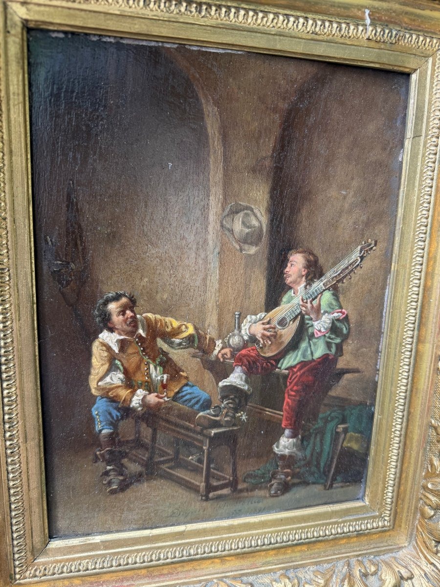  Huile/bois enc;Tableau Historique "Une Chanson" de Meissonier de A Rueff 2ème partie du XIXème-photo-1