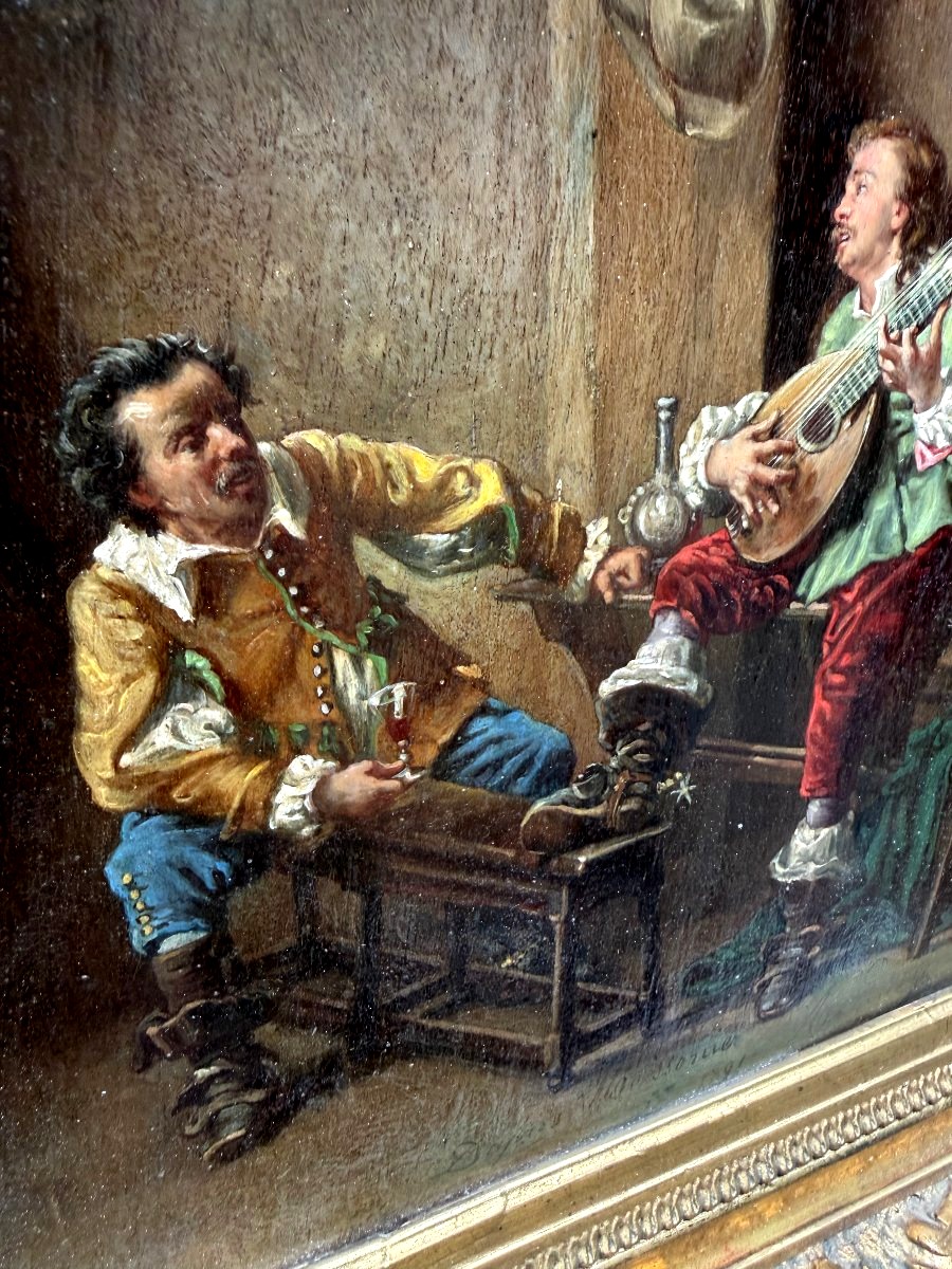  Huile/bois enc;Tableau Historique "Une Chanson" de Meissonier de A Rueff 2ème partie du XIXème-photo-2