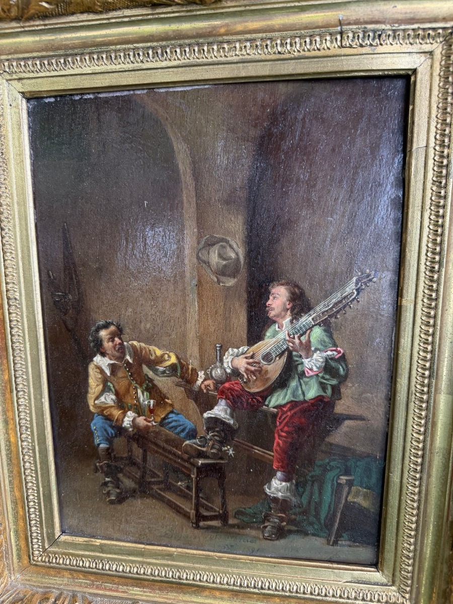  Huile/bois enc;Tableau Historique "Une Chanson" de Meissonier de A Rueff 2ème partie du XIXème-photo-4