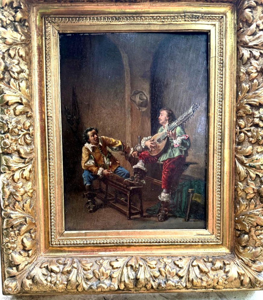  Huile/bois enc;Tableau Historique "Une Chanson" de Meissonier de A Rueff 2ème partie du XIXème-photo-5