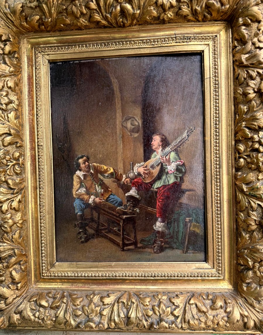  Huile/bois enc;Tableau Historique "Une Chanson" de Meissonier de A Rueff 2ème partie du XIXème-photo-6