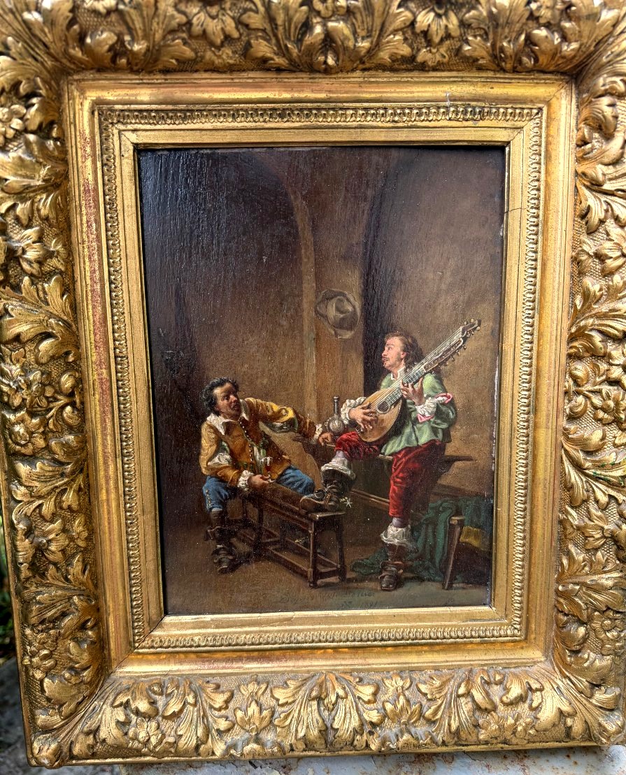  Huile/bois enc;Tableau Historique "Une Chanson" de Meissonier de A Rueff 2ème partie du XIXème