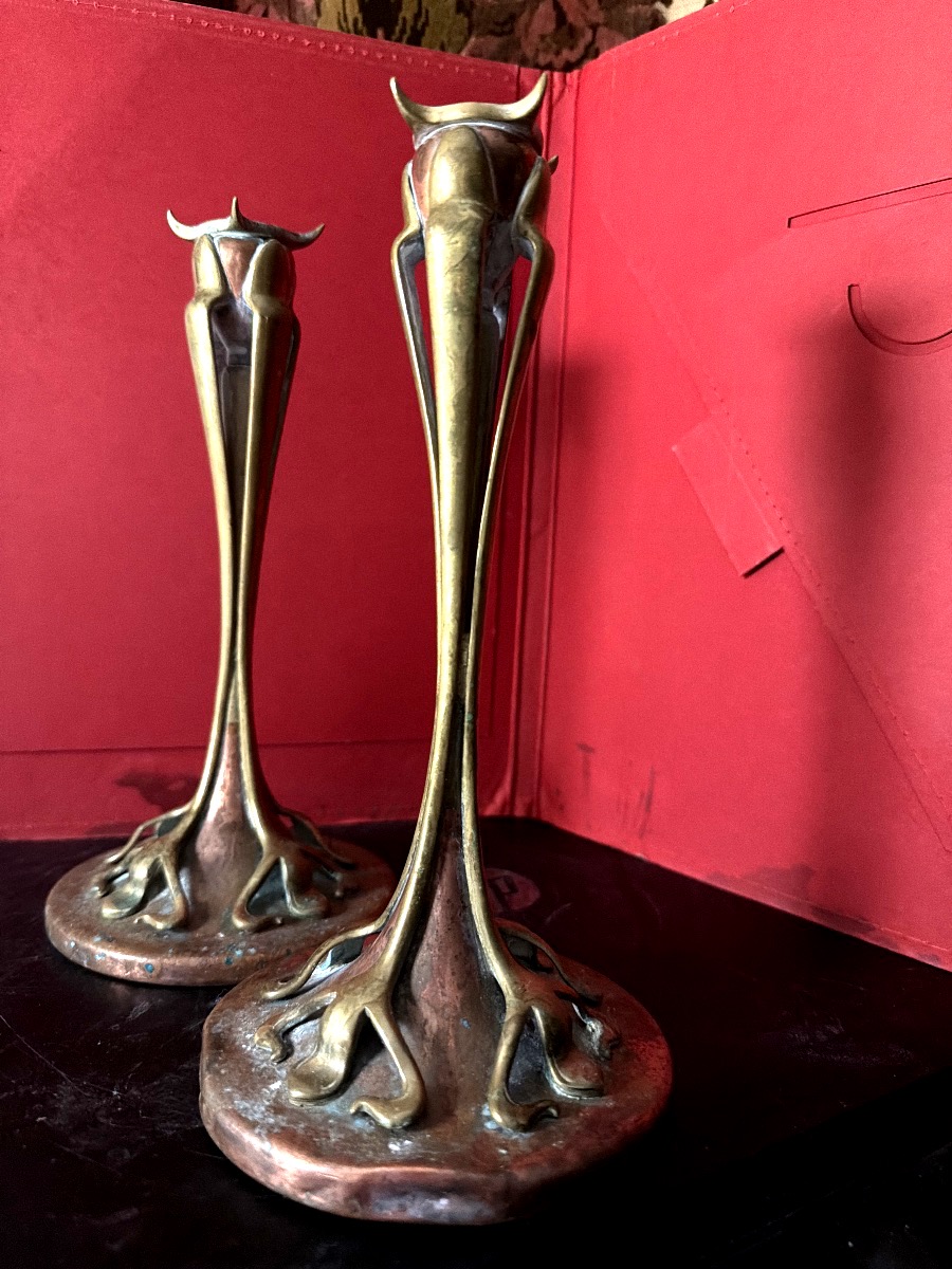 Paire de bougeoirs en bronze et cuivre rouge de style "Art Nouveau" de  G.  De Feure 1901-photo-1