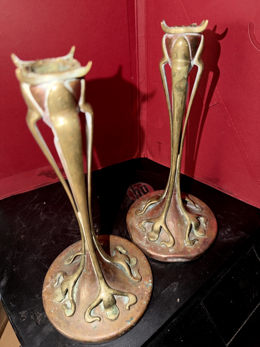 Paire de bougeoirs en bronze et cuivre rouge de style "Art Nouveau" de  G.  De Feure 1901-photo-8