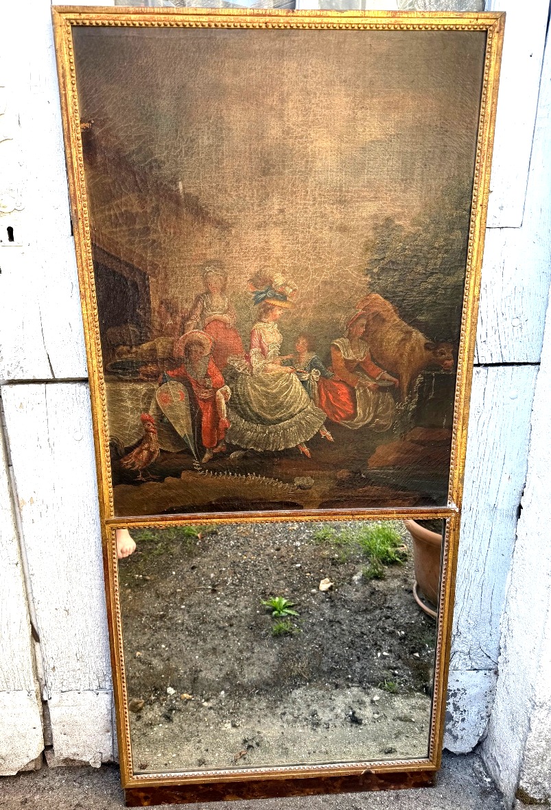 Charming 18th-century Louis XVI Trumeau, "la Mère, Center Of The Home," Framed With A Beaded Gilded And Pewter Molding