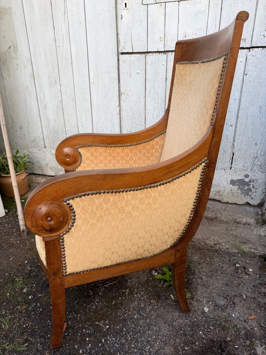 Généreuse bergère en acajou début XIX ème de style Restauration velours champagne a flasques-photo-4