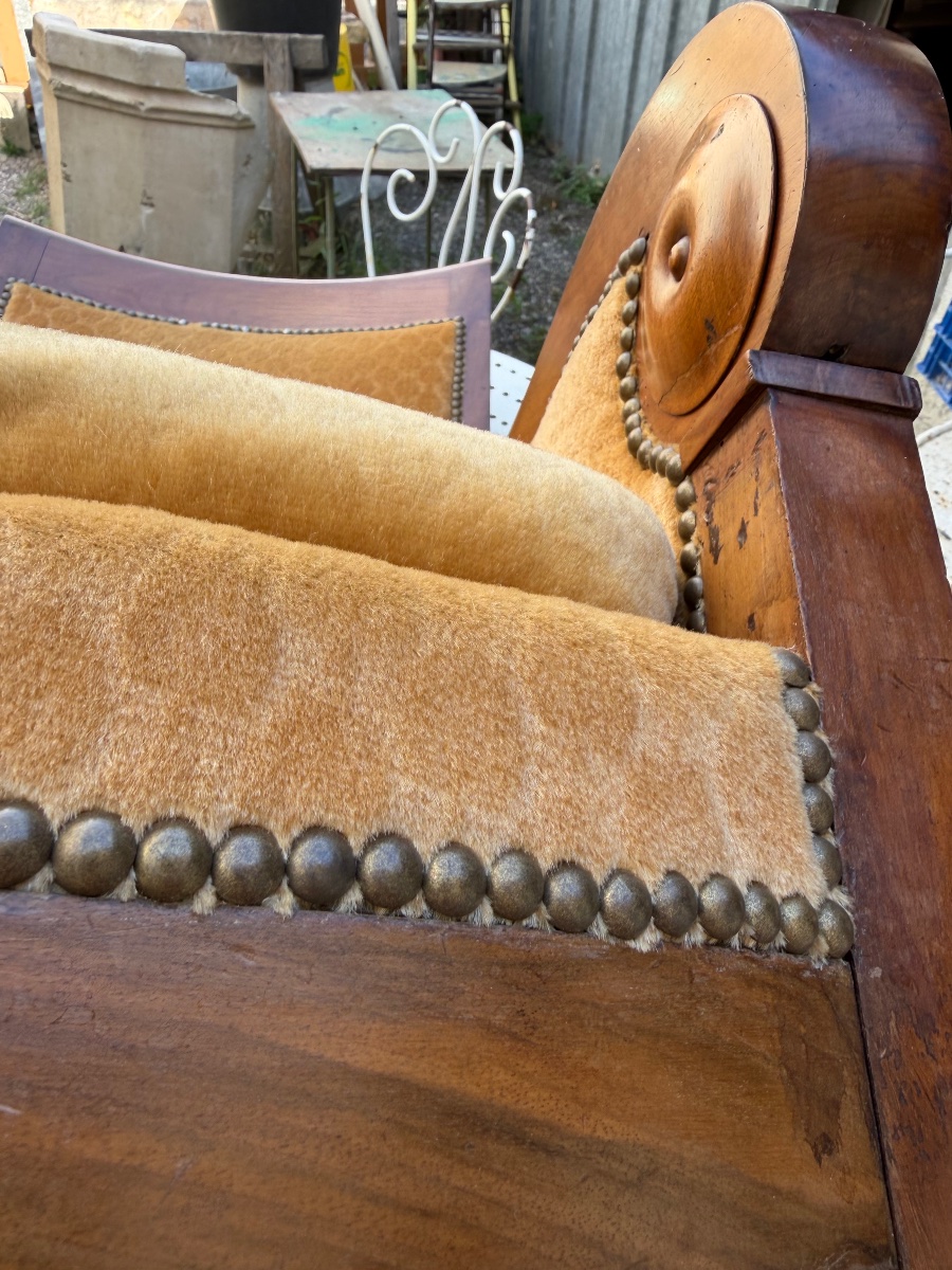 Généreuse bergère en acajou début XIX ème de style Restauration velours champagne a flasques-photo-3