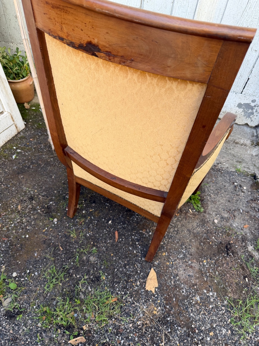 Généreuse bergère en acajou début XIX ème de style Restauration velours champagne a flasques-photo-2