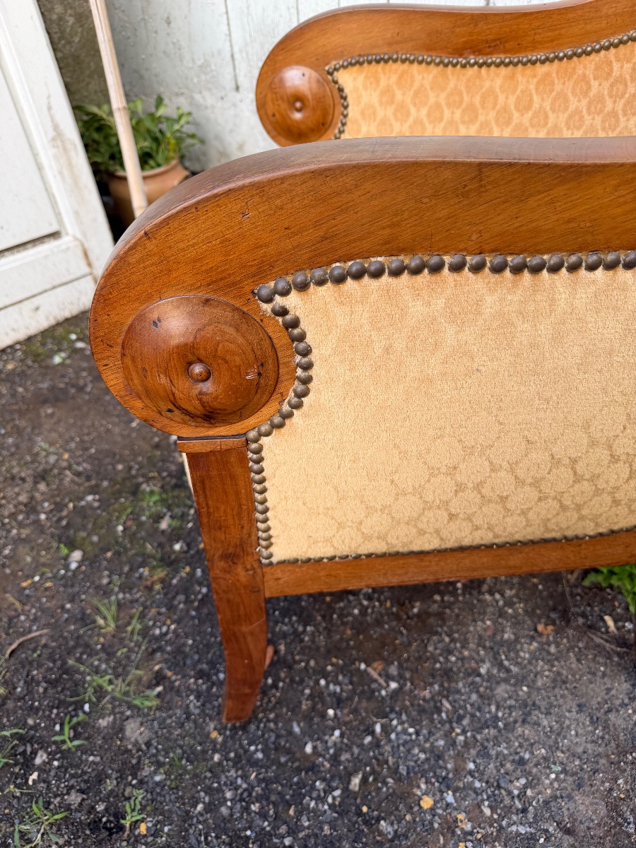 Généreuse bergère en acajou début XIX ème de style Restauration velours champagne a flasques-photo-4