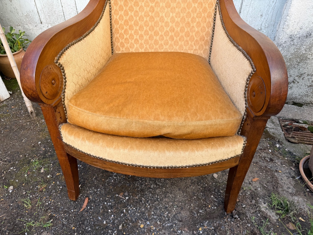 Généreuse bergère en acajou début XIX ème de style Restauration velours champagne a flasques-photo-5