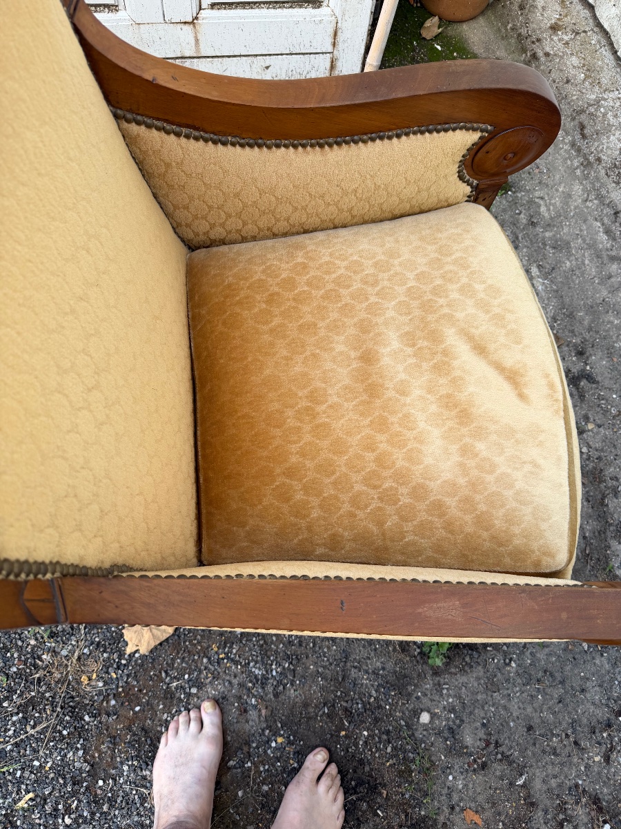 Généreuse bergère en acajou début XIX ème de style Restauration velours champagne a flasques-photo-7