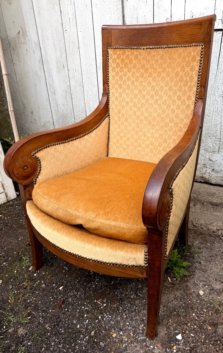 Généreuse bergère en acajou début XIX ème de style Restauration velours champagne a flasques
