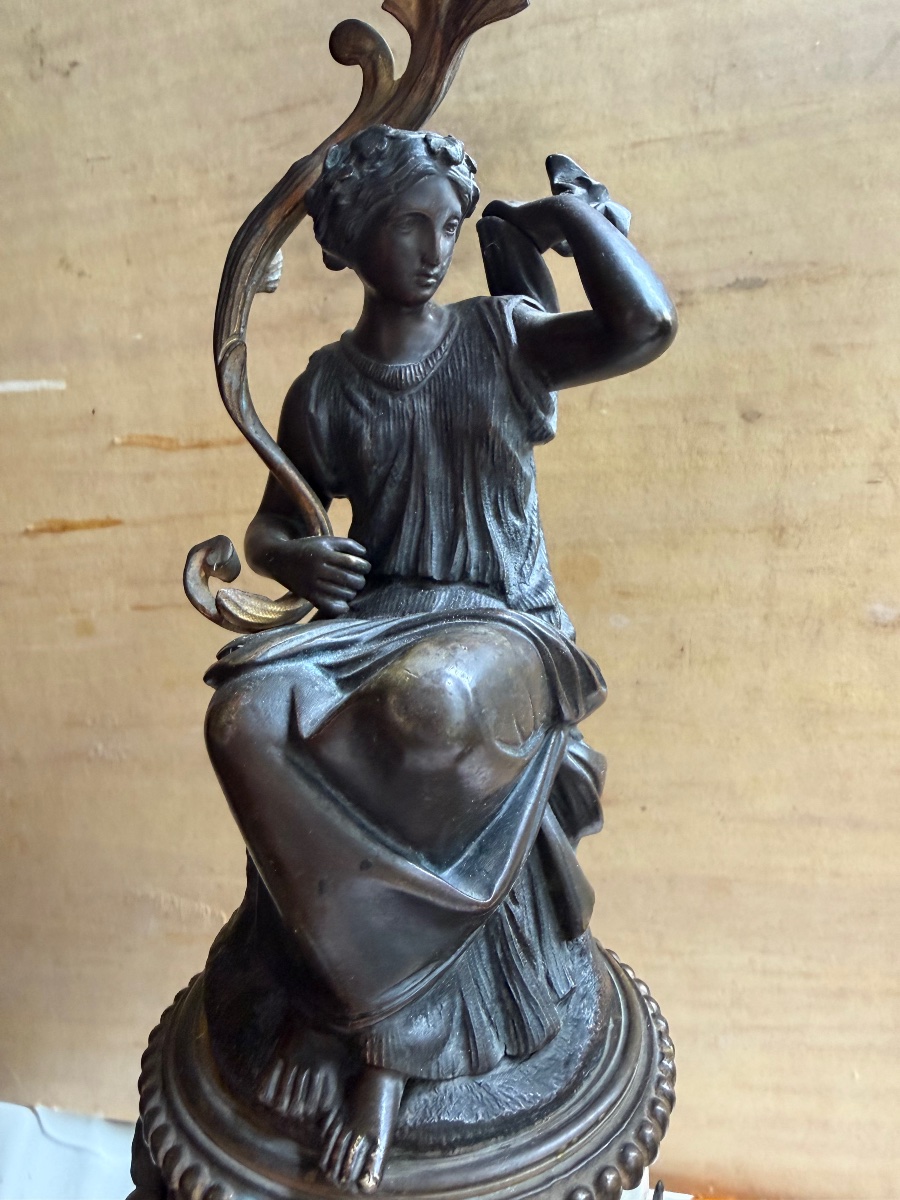 Pair Of Three-armed Castle Candelabra Made Of Carrara Marble And Chiseled Bronze With A Patina, 19-photo-2