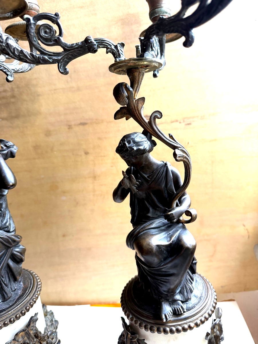 Pair Of Three-armed Castle Candelabra Made Of Carrara Marble And Chiseled Bronze With A Patina, 19-photo-1